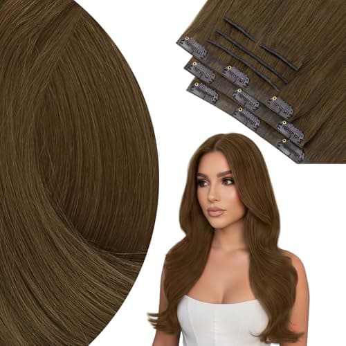 Ve Sunny Brown Hair Extensions Clip ins Human Hair Invisible Seamless Real Hair Extensions Genius Human Hair Clip in Extensions Full Head 20 inch 120g — image 1