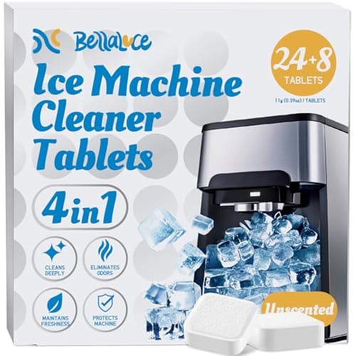 Bellaluce Ice Machine Cleaner Tablets Descaler (32 Pack) – Nickel-Safe Countertop Portable Commercial Ice Maker Cleaning – Remove Hard Water Buildup, Odor-Free, Crystal Clear Ice
