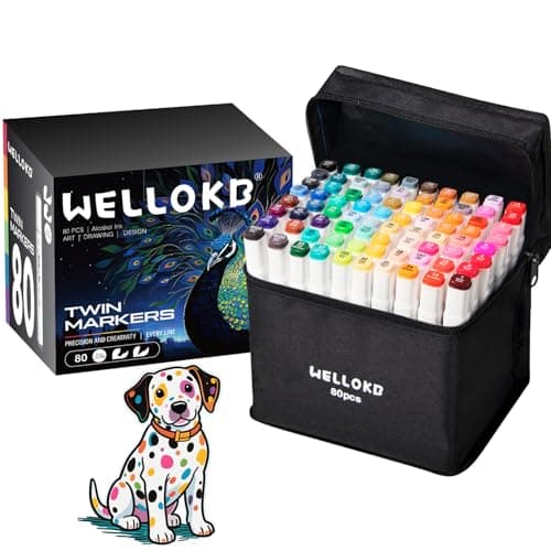 WELLOKB Alcohol Markers Set, 80 colors Alcohol Based Dual Tip, Brush and Fine Tip for Adult Coloring Books, Drawing, Sketching