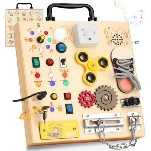 Wooden Busy Board with LED Light,Montessori Baby Learning Toys for Toddlers , Sensory Activity Board , Travel Educational Toy Boy & Girl Birthday Gift (Black Handle)