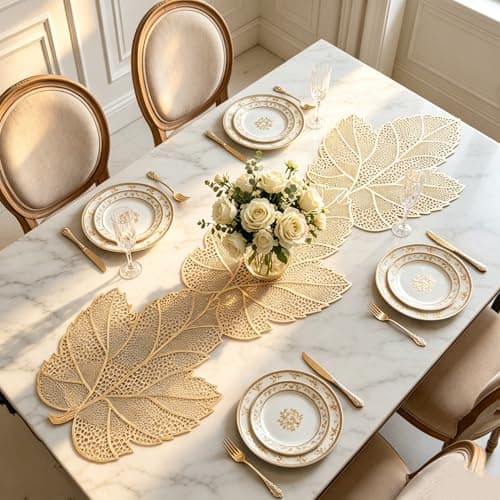 yuboo Gold Table Runner 36 Inch - Waterproof Vinyl Table Runners for Coffee Tables, Leaf Heat Resistant Dresser Runners for Bedroom, Dining, Kitchen, Wedding, Birthday, Mother's Day, Party, Home Decor — image 1