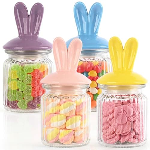 Easter Candy Dish – 4 Pack Glass Bunny Candy Jars with Ceramic Bunny Ear Lids, 250ml Easter Cookie Jar for Mini Eggs and Easter Table Decor