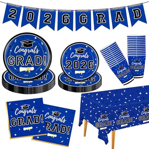 Graduation Decorations 2026 Disposable Blue Graduation Tableware Kit for 25 Guests Plates Napkins Cups Tablecloth Hanging Graduation Party Decorations 2026 — image 1