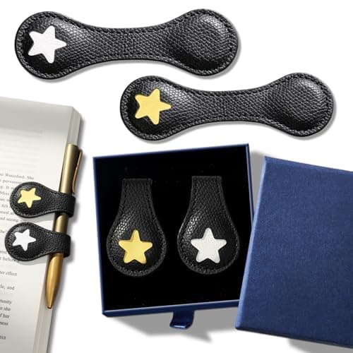 2Pcs Magnetic Leather Bookmarks with Gift Box, Magnetic Pen Holder Book Marks Clip Gift for Book Lover Readers Men Women Teachers Students, Star (Black+Black) — image 1