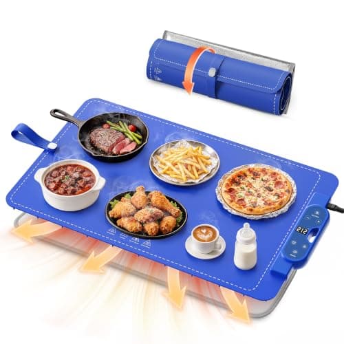 FJAU Warming Mat for Food, Extra Large 26"x15", 7 Heat Levels, 8 Hour Timer | Electric silicone heating mat for food, countertop warming trays, warming pads for buffets, chafing dishes and parties, Blue — image 1