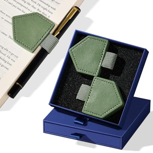 2Pcs Magnetic Leather Bookmarks with Gift Box Triangle-Shaped Magnetic Pen Holder Book Marks Clip Gift for Book Lover Readers Cute Bookmark for Women, Green — image 1