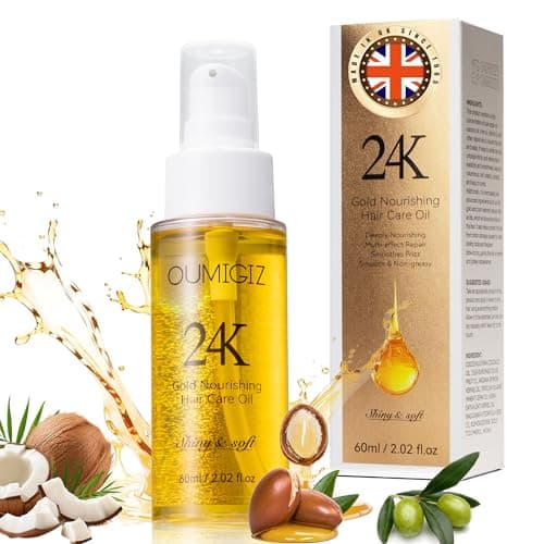Oumigiz 24K Gold Hair Oil Made in the UK – Repair & Shine Serum with Coconut, Argan & Olive Oils – Vegan Heat Protectant, Frizz Control for Dry, Damaged Hair (2.02 Fl Oz (Pack of 1)) — image 1