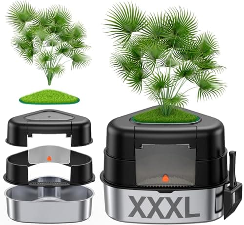 Chumajor XXL Stainless Steel Corner Cat Litter Box with Lid, Enclosed Hidden Plant Litter Box with Artificial Plant, Easy-Clean Covered Decorative Litter Box for Large Cats, Black