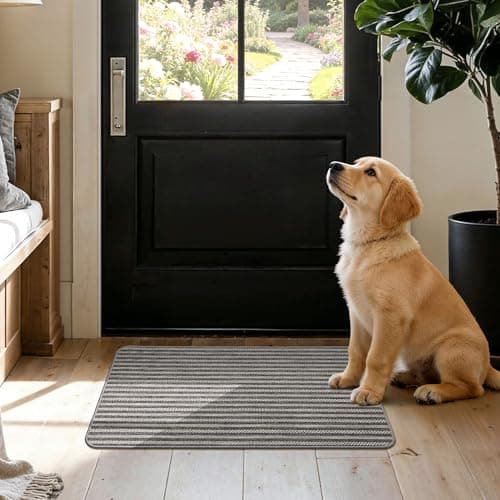 MatEssenz Door Mat Indoor Entrance 17"x29.5", Low Profile Washable Entryway Rug with Non-Slip Rubber Backing, Striped Woven Faux Linen Front Door Mat, Pet Friendly Dirt Trapper, Grey