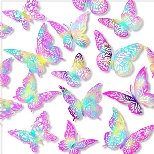 3D Butterfly Wall Decor 3 Sizes 4 Styles Butterfly Party Decorations Cake Decorations Removable Stickers Wall Decor Room Mural Metallic (Laser Pink Purple, 96Pcs) — image 1
