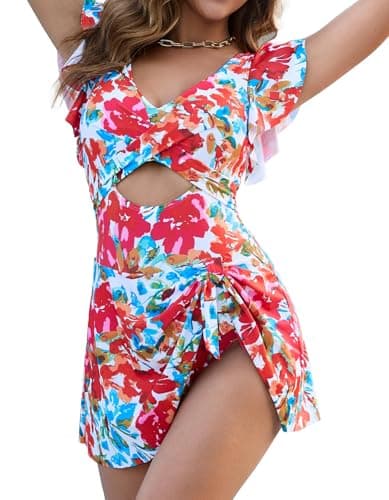 MFAVIP Women One Piece Swim Dress Tummy Control Swimsuits V Neck Ruffle Bathing Suit Cutout Sexy Wrap Side Tie with Skirt — image 1