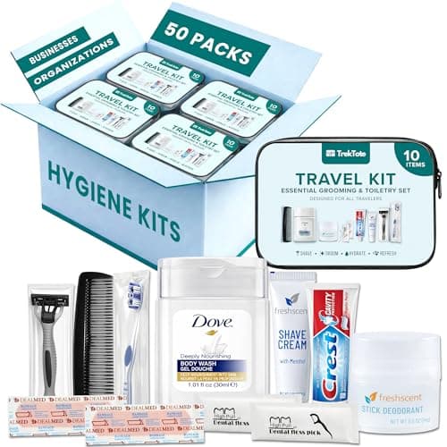 Stuhrling Bottle TrekTote Bulk 10 Piece Hygiene Kit Travel Size Toiletries Kit, Care Package, Mini Deodorant Shampoo Toothbrush Toothpaste Razor Set, Clear 50 Pack