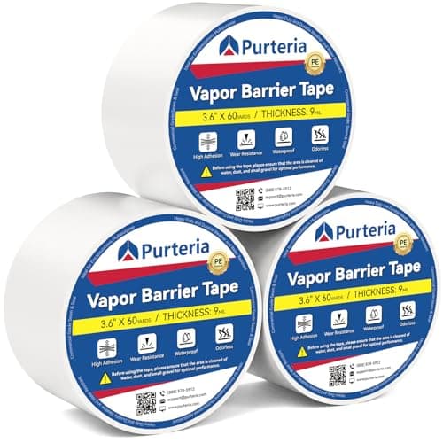 PURTERIA Vapor Barrier Tape with Release Liner, 9 Mil Easy-to-Use Polyethylene Moisture Vapor Barrier Seam Tape for Crawl Space, Repairs, Underlayment, Waterproof, 3.6" x 180', 3 Rolls