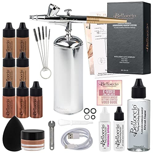 Belloccio Complete Cordless Handheld Airbrush Cosmetic Makeup System with 4 Tan Foundation Shades, Professional 18-Piece Kit, Moisturizing Primer, Blush, Bronzer, Highlighter, Concealer, User Guide