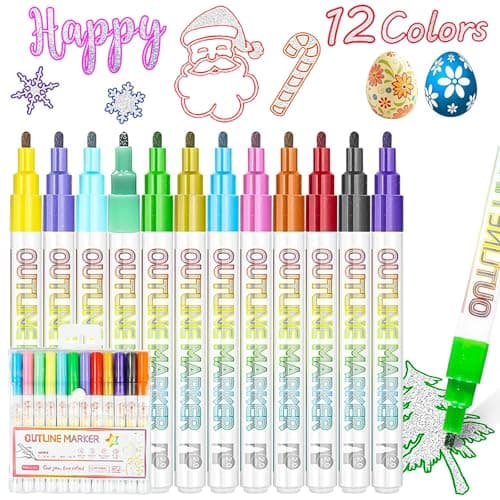 JZILU Double Line Outline Markers, 12 Colors Glitter Metallic Gel Pens Set, Easter Basket Stuffers For Teen Girls Kids, Art Supplies For Kids 9-12, 4-12 Year Old Girl Birthday Gifts — image 1