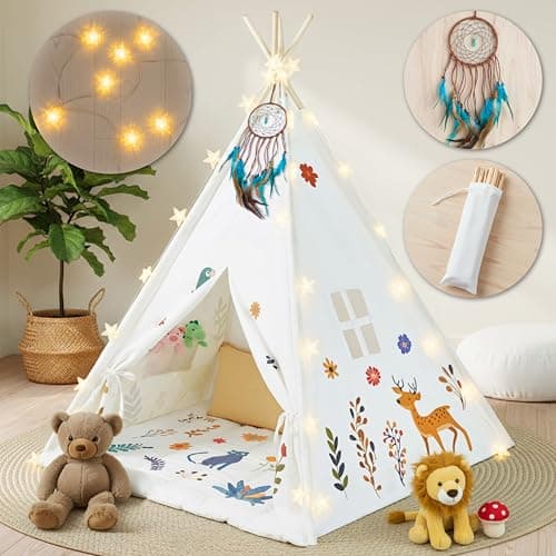 Teepee Tent for Kids with Lights, Kids Play Tent Indoor with Thicked Mat & Dream Catcher, Toddler Tent with Storage Pockets and Mesh Window for Reading Nook and Imaginative Games — image 1