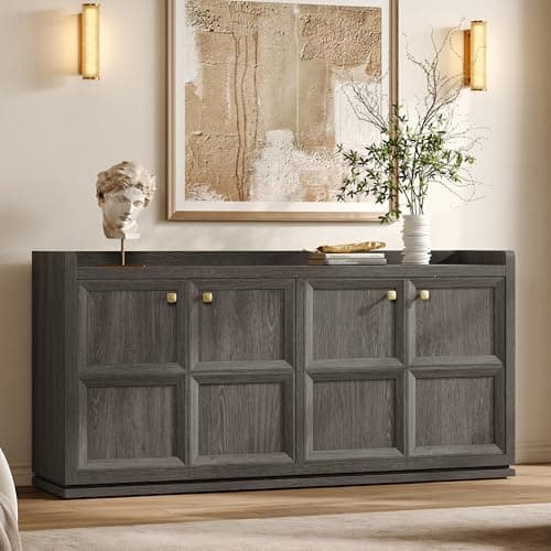 SICOTAS 4-Door Buffet Cabinet, 61.7" Wide Modern Industrial Sideboard with 2 Separate Bays & Adjustable Shelves, Extra Long Credenza with Luxury Gold Handles for Kitchen Living Room, Dark Gray Oak — image 1