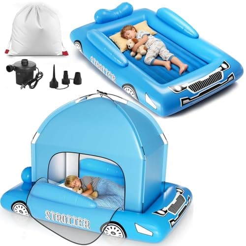 Inflatable Toddler Travel Bed with Tent – Foldable Portable Toddler Bed Cot - Blow Up Kids Air Mattress with Safety Bumper, Pump Carry Bag – Indoor Outdoor Nap Bed for Home, Camping, Hotel (Blue Car) — image 1