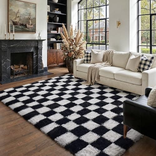 PureCozy Checkered Rug 5x8 for Living Room, Black and White Modern Shag Rugs Super Soft Washable Indoor Office Fuzzy Carpet Non-Slip Fluffy Rugs for Bedroom Home Aesthetic Decor — image 1