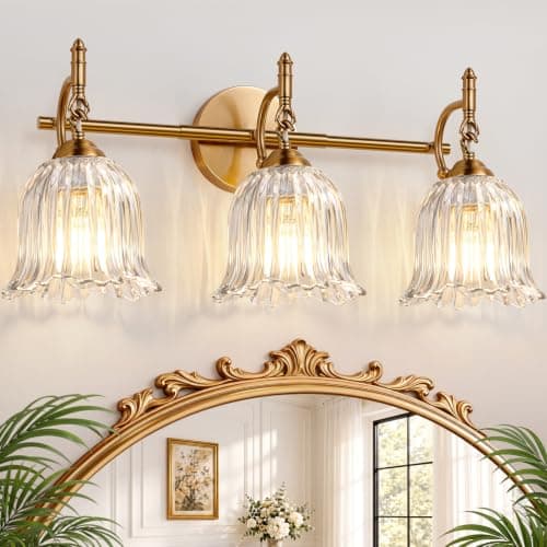 3-Light Bathroom Vanity Light for Bathroom, Brushed Gold Bathroom Light Fixtures with Ribbed Clear Bellflower Glass Shade, Vanity Lighting Fixtures Over Mirror for Bedroom Living Room Hallway Cabinet — image 1