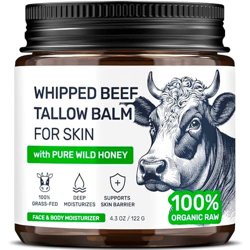 Beef Tallow for Skin – Grass Fed Whipped Tallow and Honey Balm, Face and Body Moisturizer with Beeswax and Wild Honey, 3-Ingredient Fragrance Free Non Comedogenic Formula for Dry Sensitive Skin