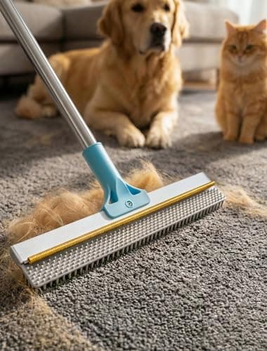 Carpet Rake for Pet Hair Removal: DELOMO Carpet Scraper Broom with 54” Adjustable Long Handle, Dual-Sided, Metal + Short Silicone for Carpets & Rugs, Extended Silicone for Shag Rugs & Hard Floors — image 1