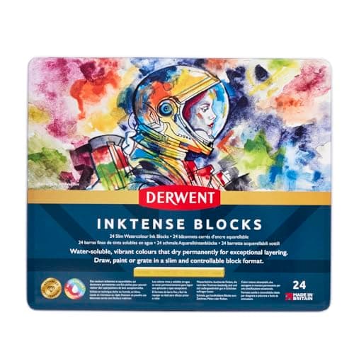 Derwent Inktense Blocks 24 Tin, Set of 24, 8mm Block, Soft Texture, Watersoluble, Ideal for Watercolor, Drawing, Coloring, Crafts and Painting on Paper and Fabric, Professional Quality (2300443)