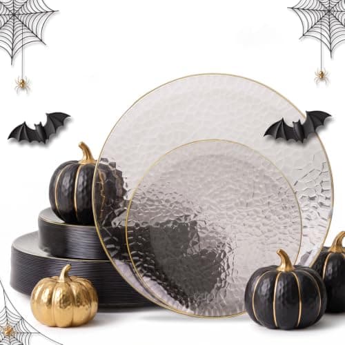 Hioasis 60 Pcs Black Plastic Plates for Party & Wedding | Gold Rimmed Hammered Dinnerware Set. Includes 10.25" Dinner & 7.5" Dessert Plates for 30 Guests. — image 1