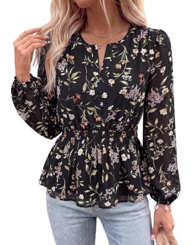 BTFBM Womens Tops Dressy Casual Floral V Neck Long Sleeve Chiffon Shirts — image 1