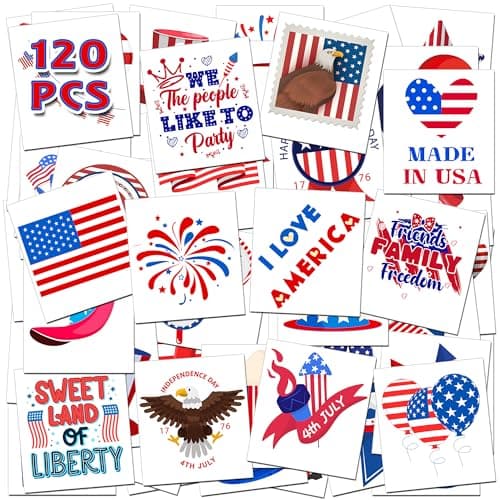 HSHFAMIIY 4th of July Outfits for Women - 4th of July Temporary Tattoos, 120 PCS USA Flag Patriotic Tattoos, USA Flag, Fireworks, Eagle, Statue of Liberty, Independence Day, Memorial Day