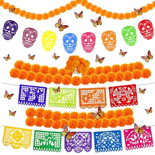 GOAUS Dia de Los Muertos Day of the Dead Ofrenda Altar Decorations 60 pcs | Marigold Flowers x30, Papel Picado x9, Marigold Garland x1, Felt Skulls x8, Monarch Butterflies x12 — image 1