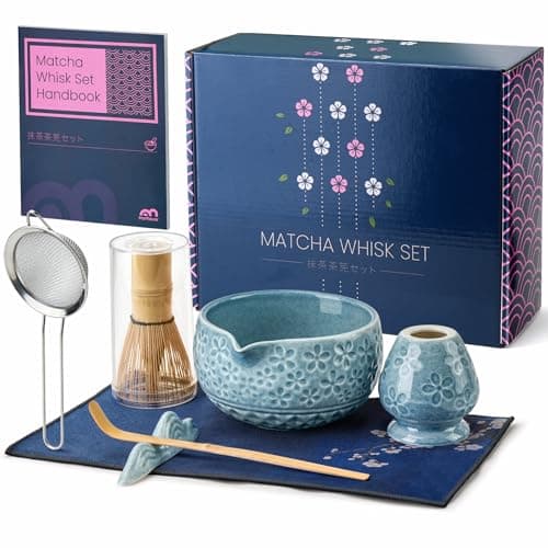 7Pcs Matcha Whisk Set, Matcha Set Whisk and Bowl,Bamboo Scoop, Scoop Rest, Sifter and Tea Towel, Matcha Kit W/Carved Cherry Blossm Pattern for Matcha Lovers (Sakura Blue) — image 1
