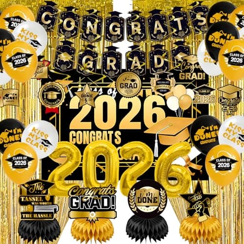 Graduation Party Decorations 2026–Black Gold Grad Banner, Class of Backdrop, Balloons, Fringe Curtains and Foil Balloon, Streamers Kit–Complete Graduation for High School & College Celebrations (Gold) — image 1