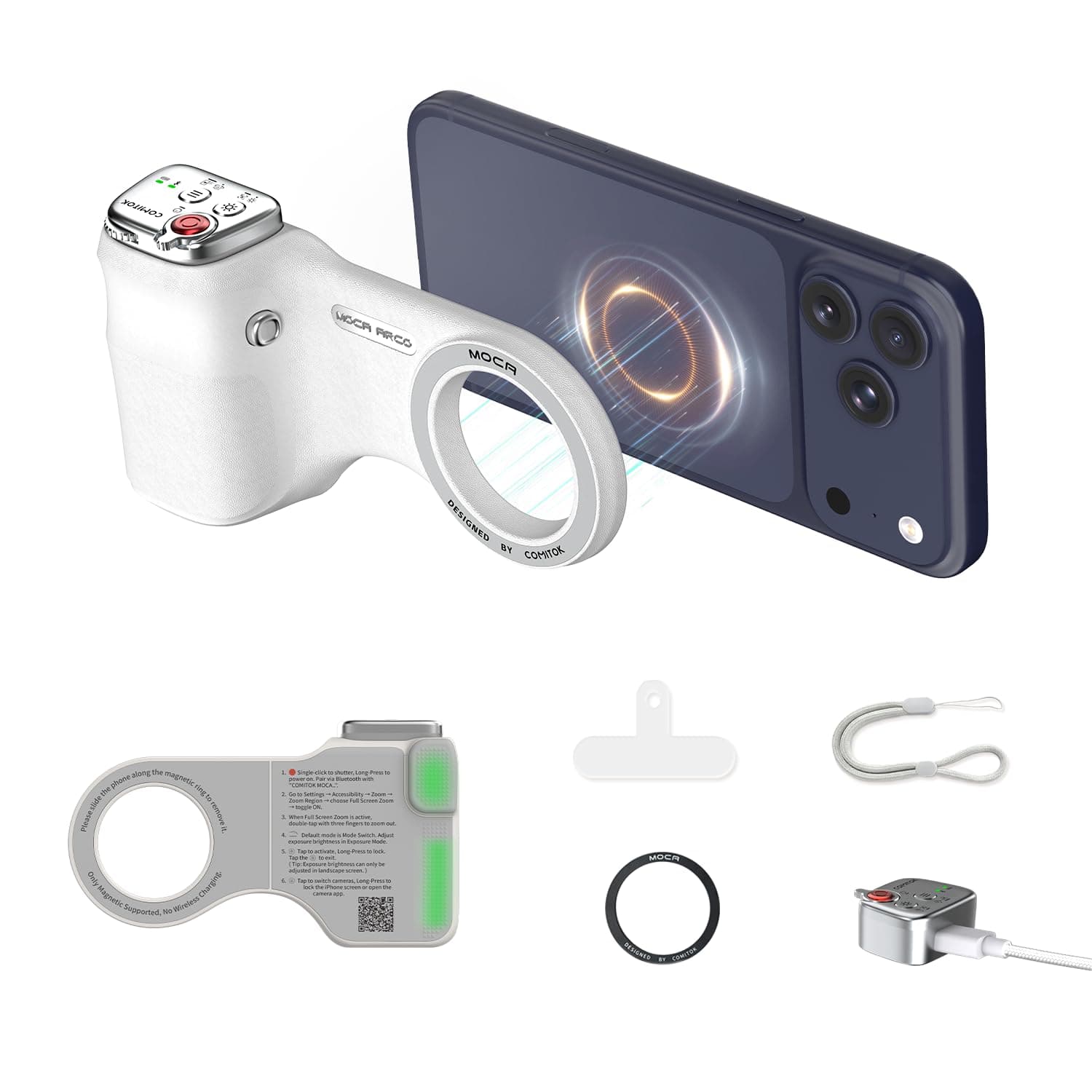 COMITOK Phone Camera Grip MOCA ARCO for Video Recording with Thumb Rest Area Design for iPhone Pro Max, with Enhanced Phone Mount & Detachable Remote for Easy Shooting, Video Call, Support iOS17/18/26