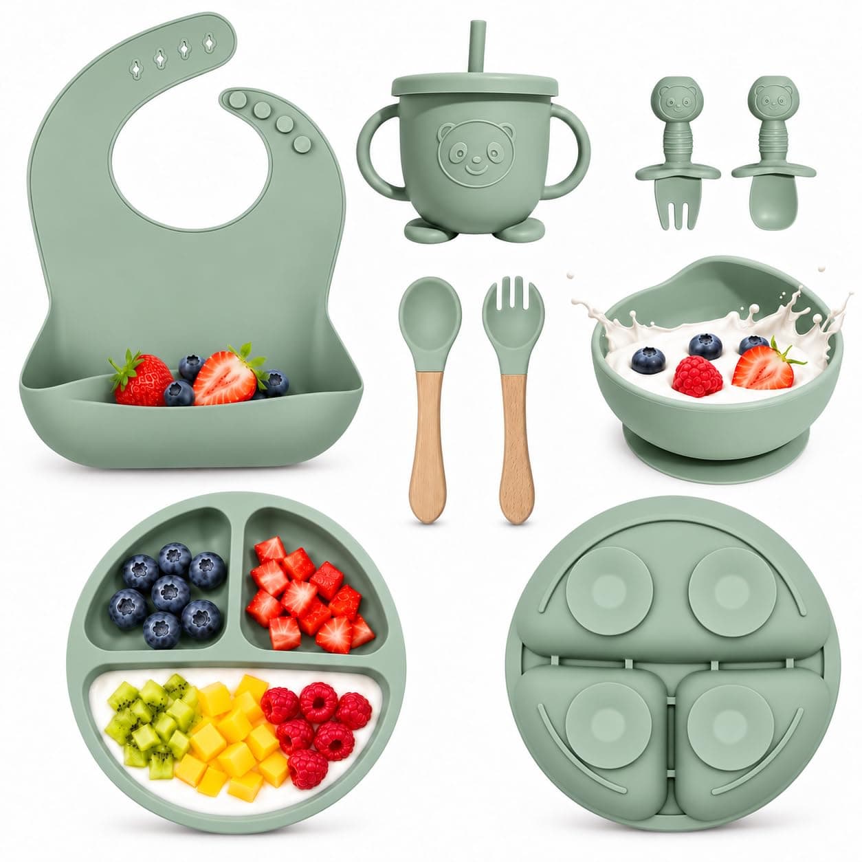 Silicone Baby Feeding Utensils Set for 6+ Months, 8 Pcs, Green