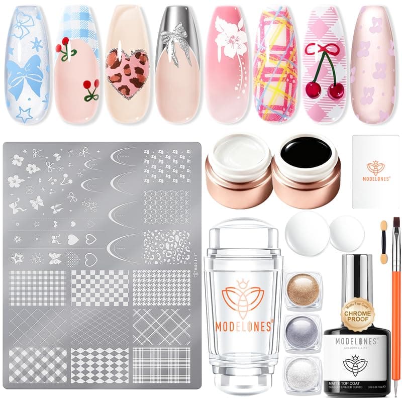 Modelones 16PCS Plaid Nail Stamping Kit – French Tip Stamper White Black Painting Gel Polish Chrome Powder Proof Matte Gel Top Coat Gingham Template Dual Nail Art Brush Spring Manicure Gift for Women — image 1