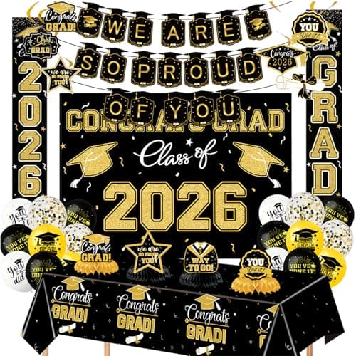Graduation Decorations 2026 Themed Set - All-in-One Party Supplies with Backdrop & Tablecloth, Congrats Grad Banner for High School College Class of 2026 Decor — image 1