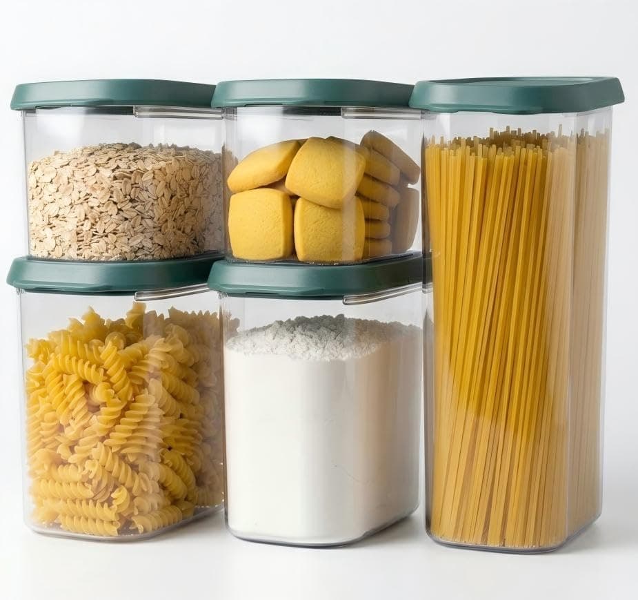 OMIO 5-Piece Airtight Food Storage Containers Set | BPA-Free Plastic Canisters with Easy Snap Lids for Dry Food, Pantry, Kitchen | Organize Cereal, Grains, Snacks, Flour, Sugar — image 1