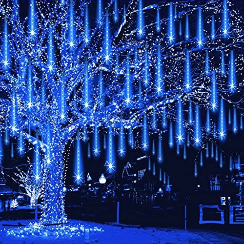 Weepong Meteor Shower Lights Outdoor Christmas Lights UL Certified Falling Rain Drop Snowfall Icicle Cascading String Light for Xmas Holiday Tree Wedding Party Garden Decor Blue, 12 Inch 8 Tubes — image 1