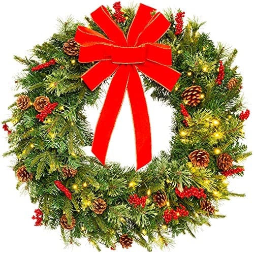 Best Choice Products 30in Pre-Lit Battery Powered Christmas Wreath Artificial Pre-Decorated Holiday Accent w/ 100 Lights, 276 PVC Tips, Ribbons, Pine Cones — image 1