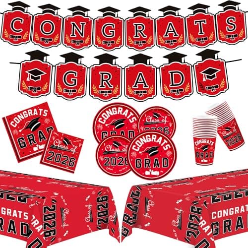 OHOME 2026 Graduation Decorations - Graduation Decorations Class of 2026 - Serve 24 - Red Plates Tablecloth Napkins Cups Banner- Graduation Party Favors Supplies — image 1