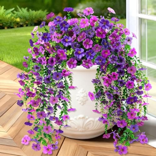 BlessedSeason 2 Pcs Artificial Hanging Flowers, UV Resistant Fake Flowers with Flexible Stems, Full Bundle Faux Flowers for Outdoor Planters, Zero Maintenance for Patio, Garden, Balcony, Double Purple — image 1