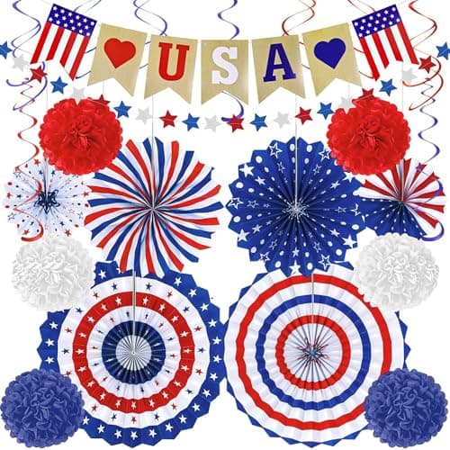 4th of July Decorations - 26 PCS Patriotic USA Banner Star Streamer Paper Fans Hanging Swirls Pompoms Set for Memorial Day | 250th Anniversary Accessories Party Favors for Indoor Outdoor Home — image 1