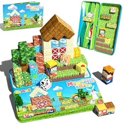 Mini Magnetic Blocks, Magnet Building Cubes, Farm Animal Travel Outdoors Toys with Portable Iron Box, STEM Montessori Sensory Educational Toys for Toddlers, Gift for Kids Ages 3-8 Boys & Girls