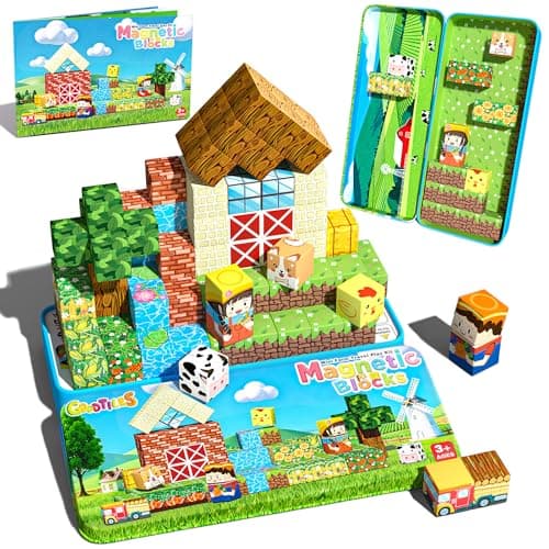 Mini Magnetic Blocks, Magnet Building Cubes, Farm Animal Travel Outdoors Toys with Portable Iron Box, STEM Montessori Sensory Educational Toys for Toddlers, Gift for Kids Ages 3-8 Boys & Girls — image 1