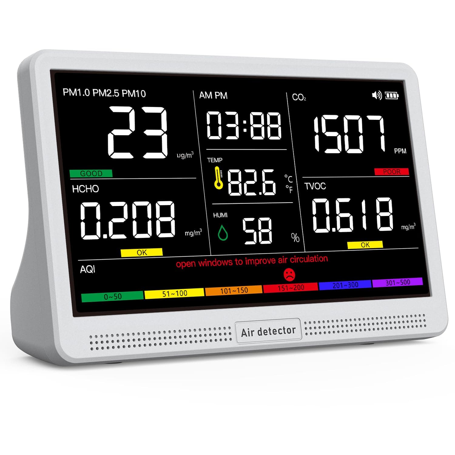 YNAK 16-in-1 Air Quality Monitor Indoor with 7-inch HD Color Display -$54.99 with Free Shipping. Tracks CO2, TVOC, PM2.5/PM1.0/PM10, HCHO, Temp/Humidity, AQI & Time
