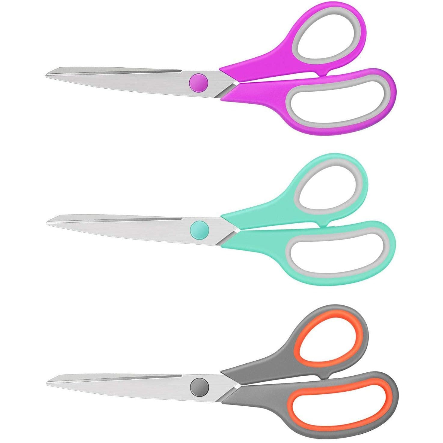 3-Pack 8" Heavy Duty Scissors with Ultra Sharp Blades and Comfort Grip Handles - For Office, Home, School, Sewing, and Crafts (Mint, Grey, Purple)