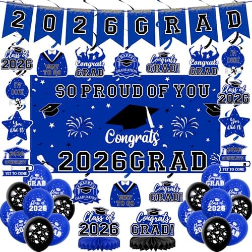 Graduation Decorations 2026 Blue Themed Grad Party Decor Set Backdrop Balloons Banner Honeycomb Centerpiece Hanging Swirl Kit Graduation Party Supplies for College High School Any Grade — image 1
