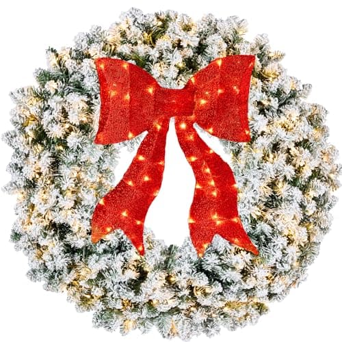 Best Choice Products 36in Large Flocked Artificial Pre-Lit Fir Christmas Wreath Holiday Accent Decoration for Door, Mantel w/Red Lighted Bow, 150 LED Lights, 300 PVC Tips, Power Plug-in — image 1