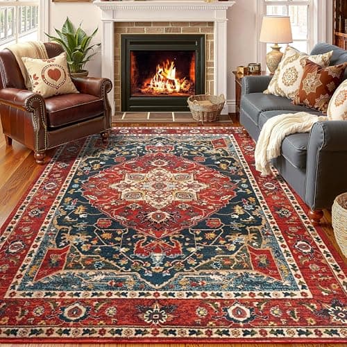 YJ.GWL Area Rugs for Living Room 4x6 Machine Washable Rugs for Bedroom, Non Slip Floral Vintage Rug Indoor Carpet, Stain Resistant Throw Rug for Dining Room Kitchen, Orange-Red — image 1